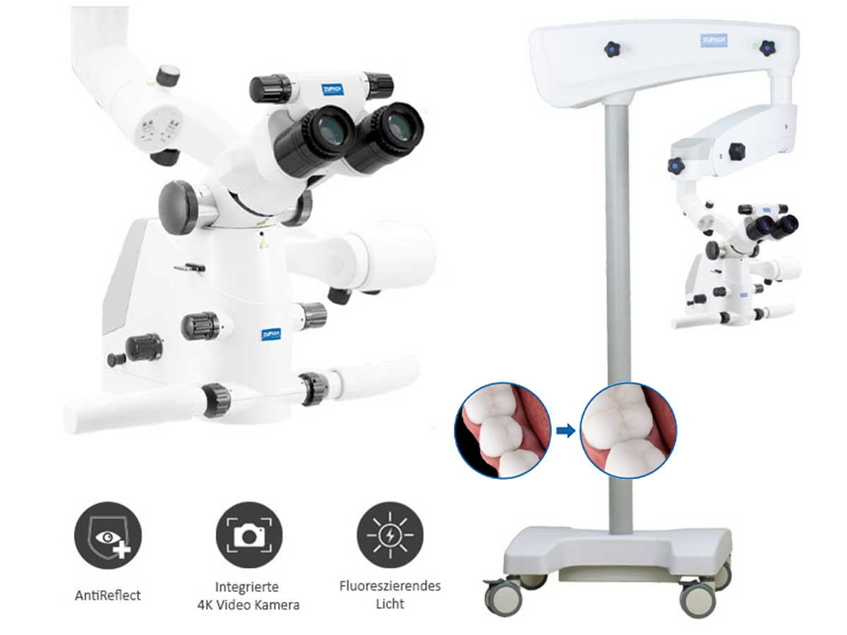 Mikroskop Komfort-Zoom (OMS2380 R2) mit Spezialtubus 1,5x, 4K Video Kamera, Anti Reflect Modul, Fluorescent Modul - Rollenstativ